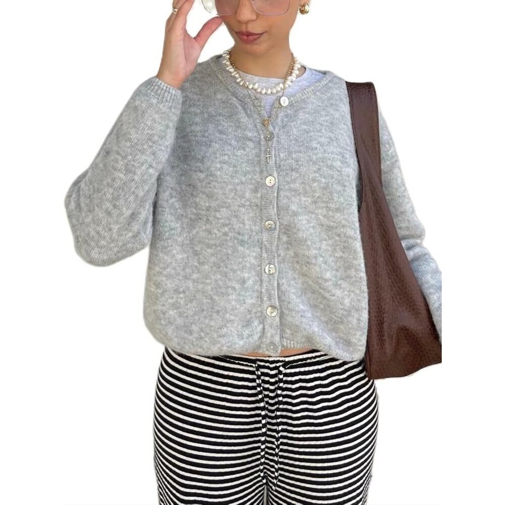 Women’s Knit Cardigan Sweater Lightweight Button Down Crew Neck Vintage